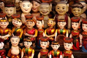 Wooden dolls of the water theatre in Hanoi in Vietnam