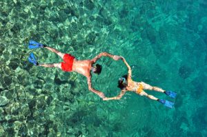 Romantic couple snorkeling. Above view